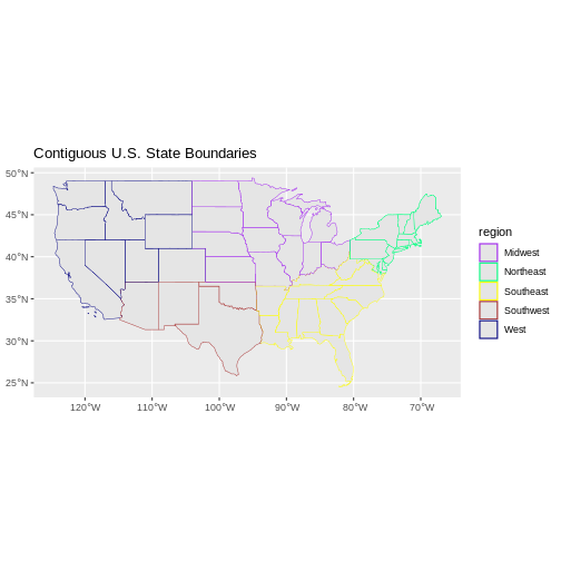 Map of the continental United States where the state lines are colored by region.